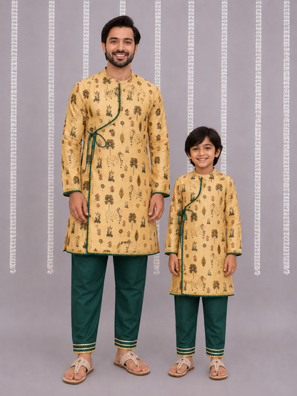 Beige Cow Printed Angrakha set with Green Bottom