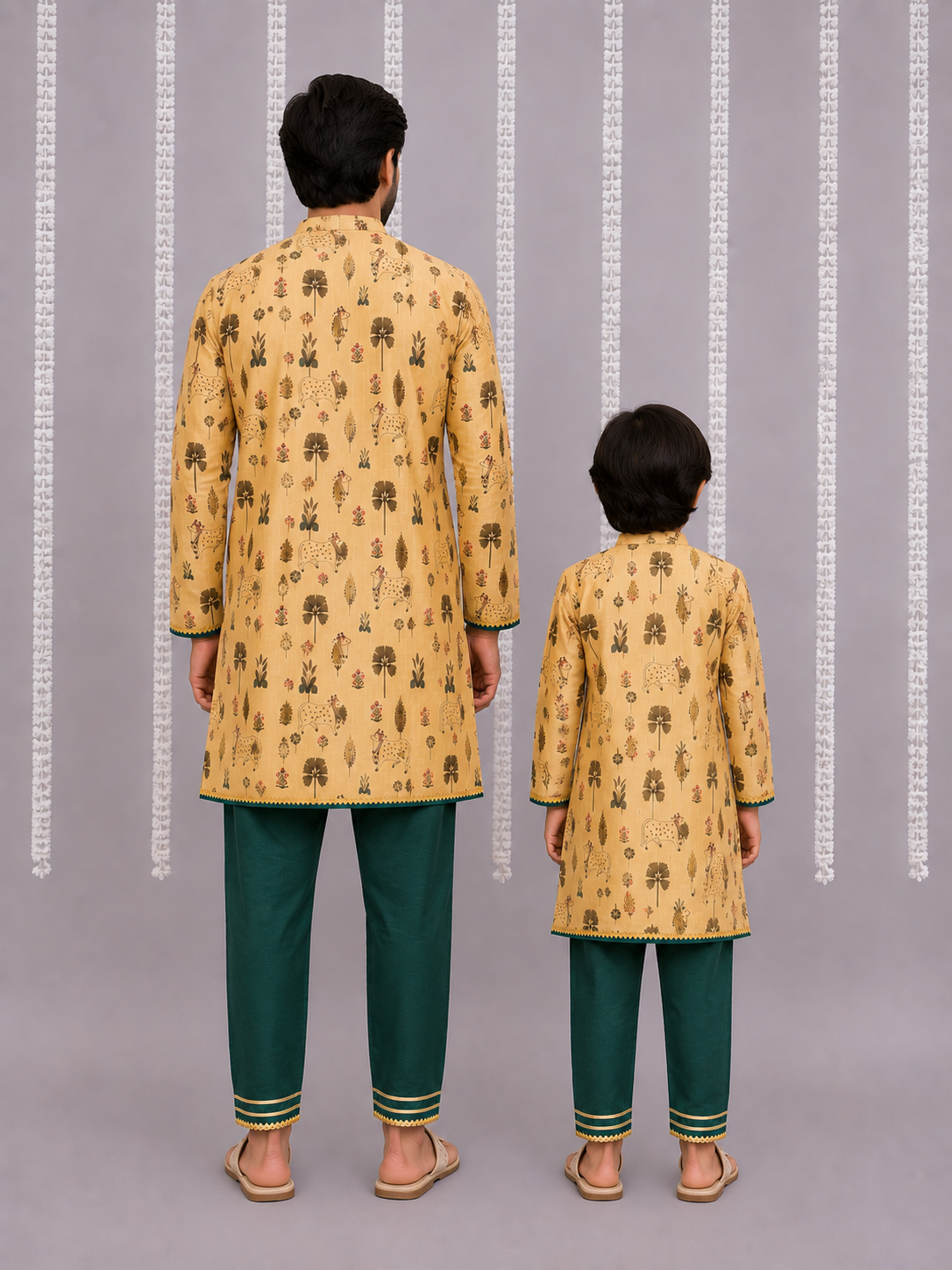 Beige Cow Printed Angrakha set with Green Bottom