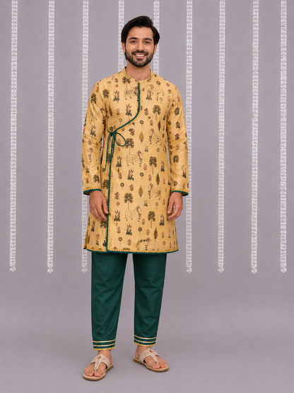 Beige Cow Printed Angrakha set with Green Bottom