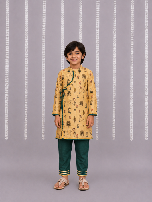 Beige Cow Printed Angrakha set with Green Bottom