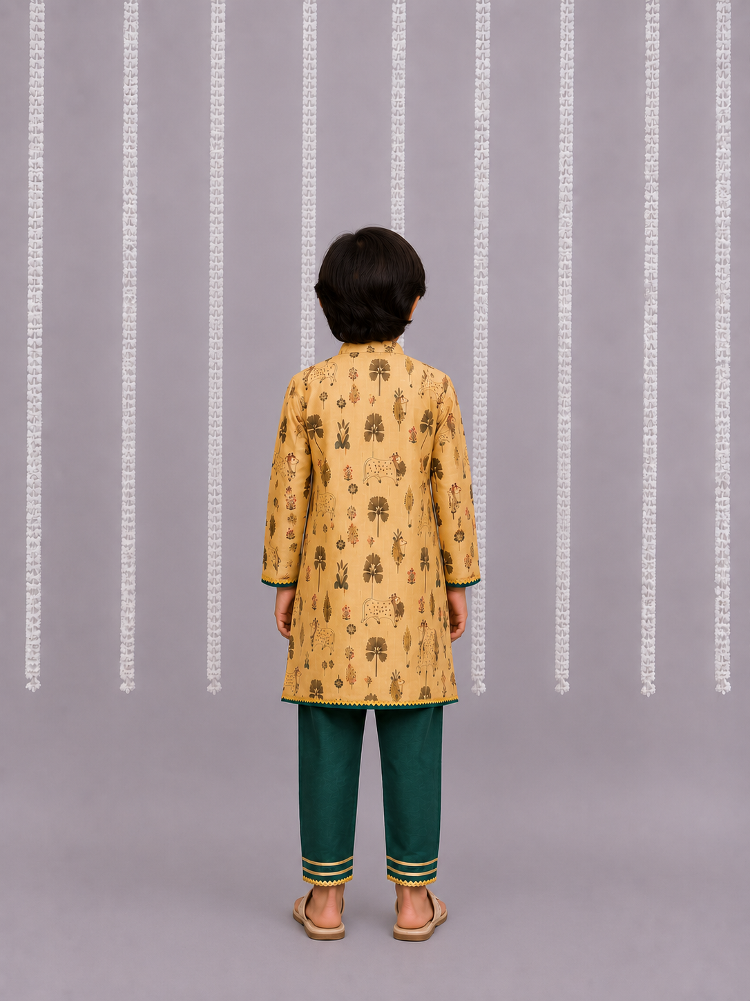 Beige Cow Printed Angrakha set with Green Bottom