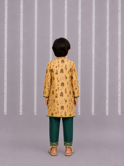 Beige Cow Printed Angrakha set with Green Bottom