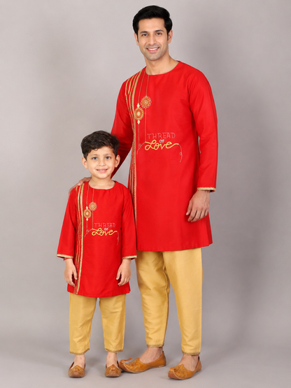Sibling Love Red Embroidered kurta with Beige  Pyjama