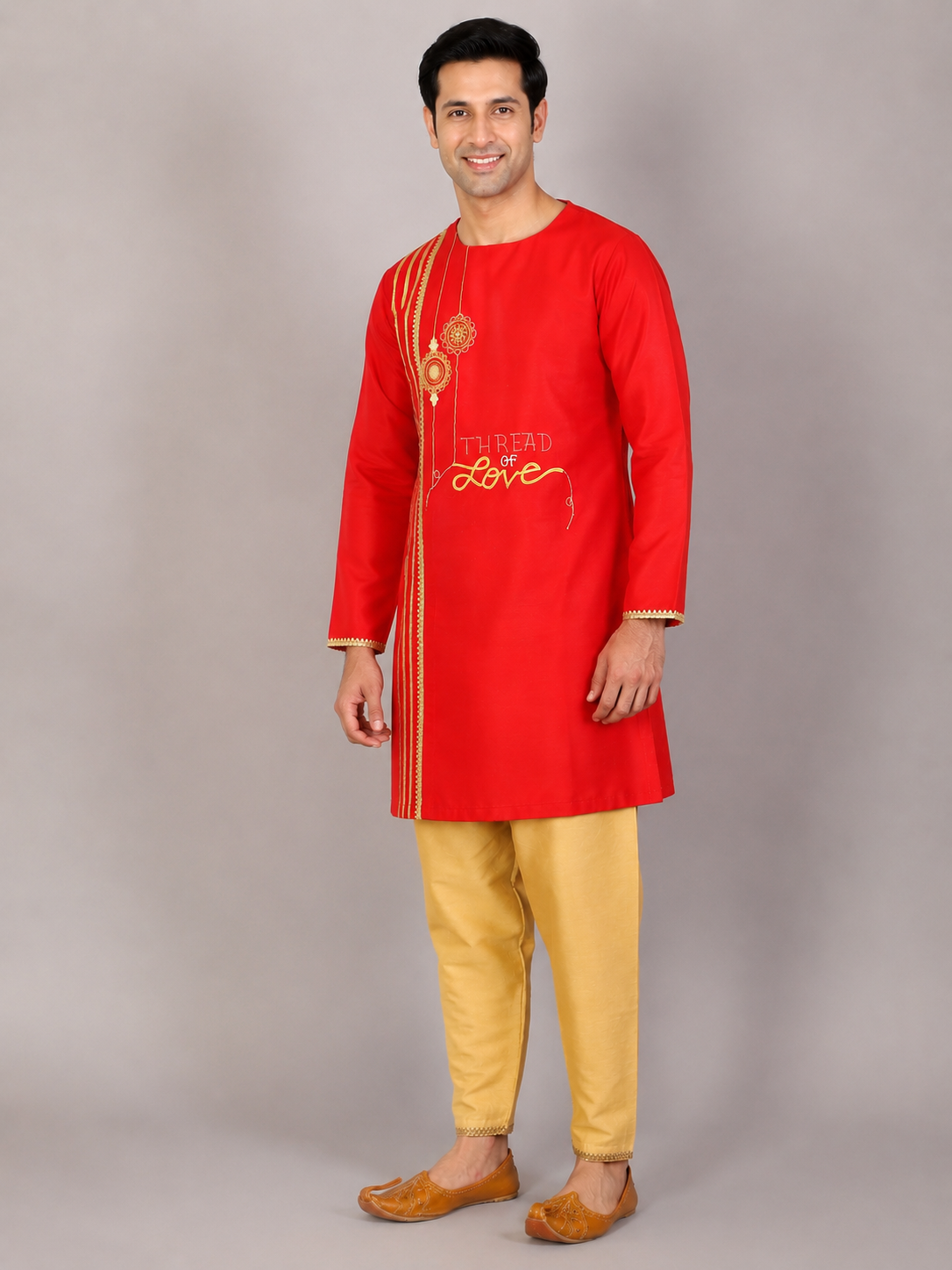 Sibling Love Red Embroidered kurta with Beige  Pyjama