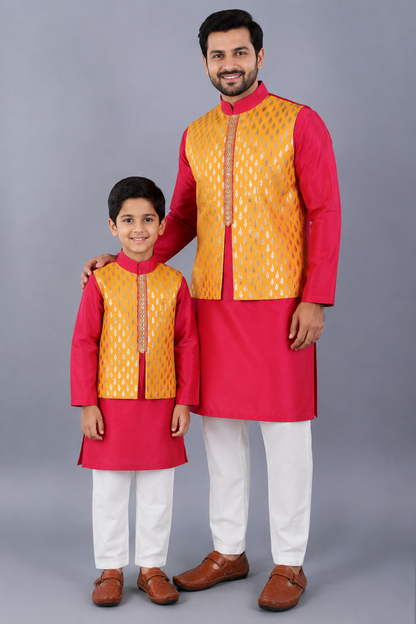 Fuschia Pink kurta with Yellow Zari attached Jacket with Pyjama