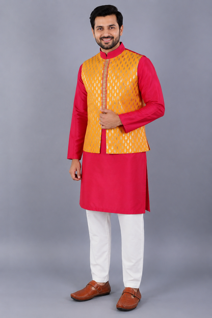 Fuschia Pink kurta with Yellow Zari attached Jacket with Pyjama