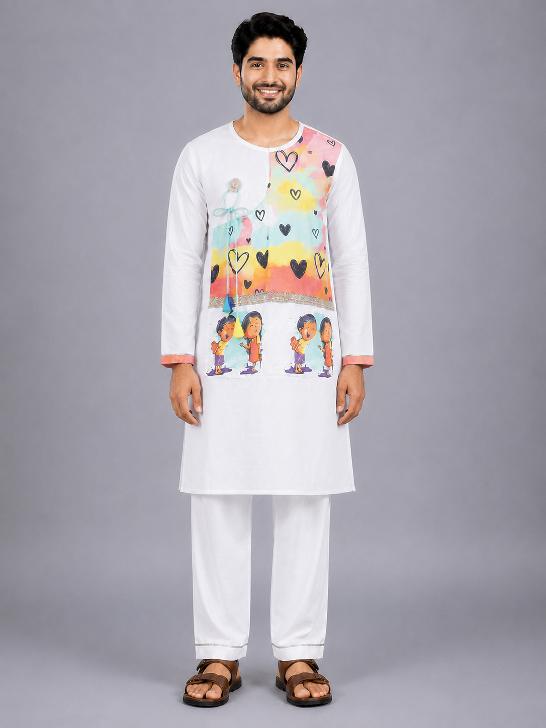 Yellow Printed  Kurta Pyjama set with attached Print Panel