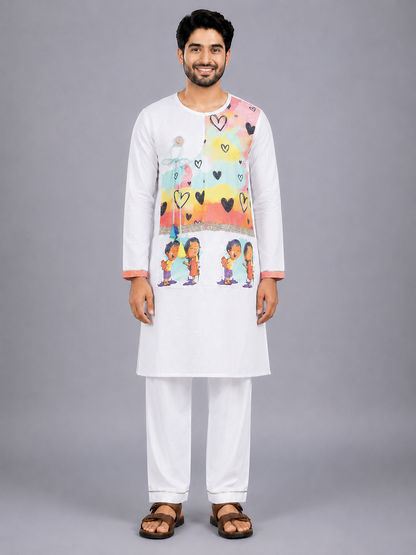Yellow Printed  Kurta Pyjama set with attached Print Panel