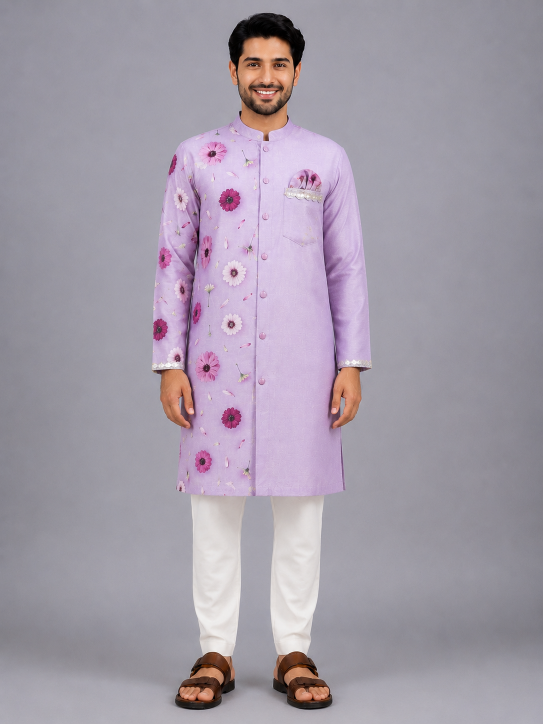 Lilac Floral Printed Kurta Pyjama Set