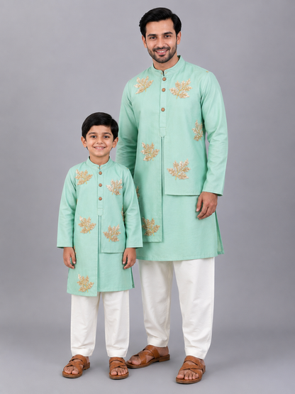 Pastel Green Embroidered layered Kurta with Pyjama