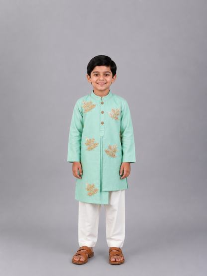 Pastel Green Embroidered layered Kurta with Pyjama