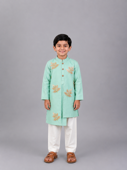 Pastel Green Embroidered layered Kurta with Pyjama