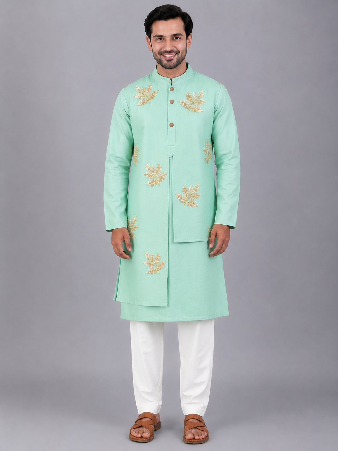 Pastel Green Embroidered layered Kurta with Pyjama