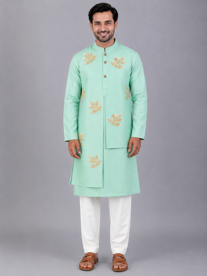 Pastel Green Embroidered layered Kurta with Pyjama