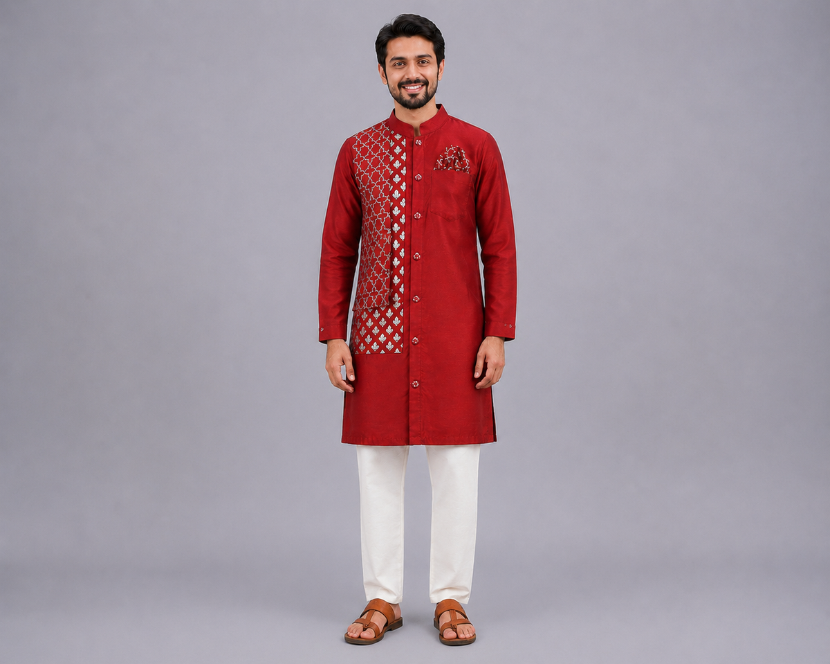 Maroon Chanderi Panel Kurta Pyjama set