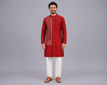 Maroon Chanderi Panel Kurta Pyjama set
