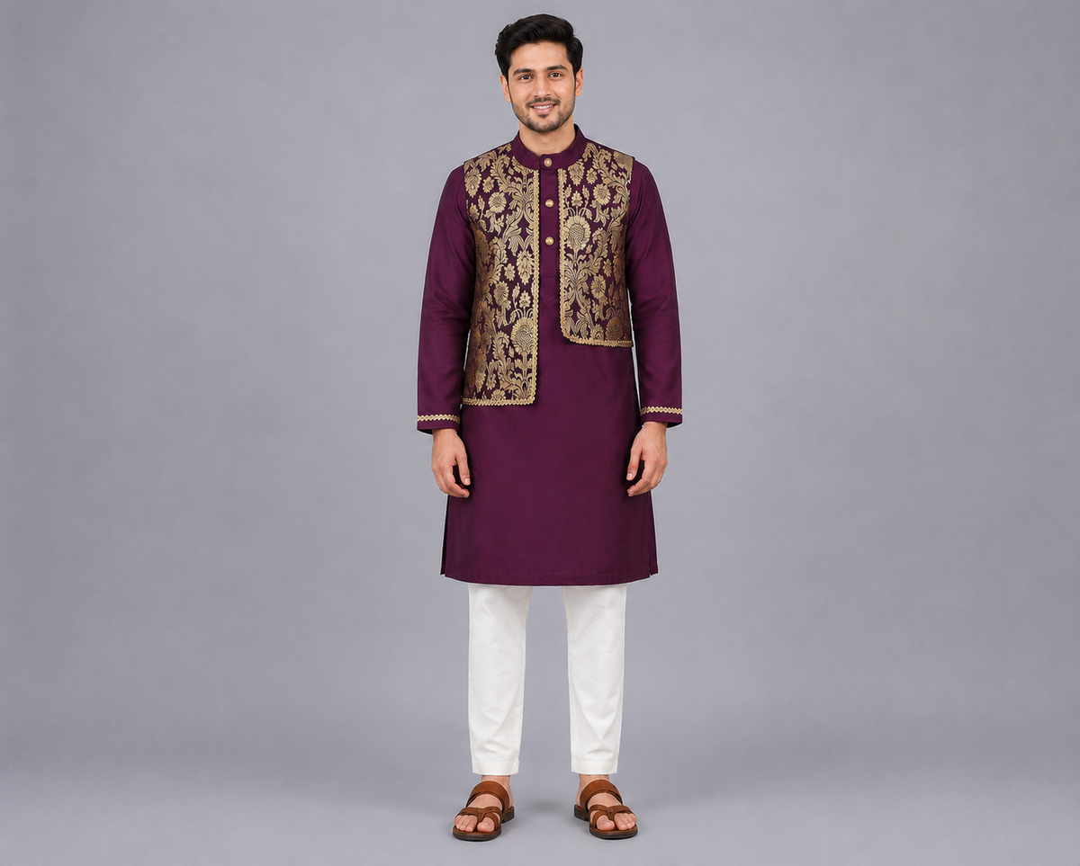 Purple  Kurta with Brocade attached Jacket and Pyjama