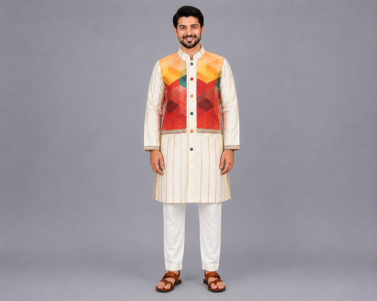 Off White Kurta with Multi color attached Jacket and Pyjama