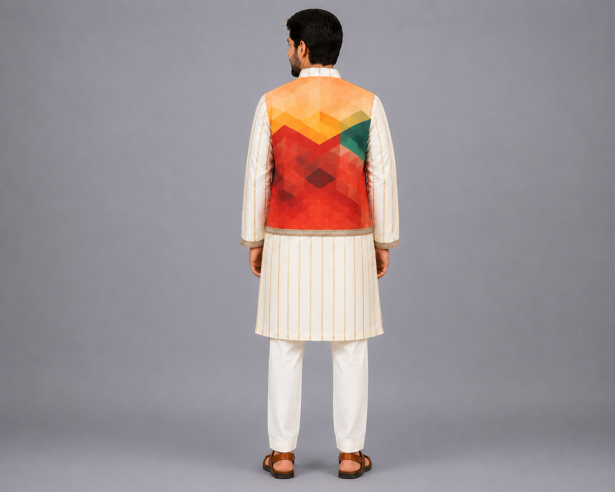Off White Kurta with Multi color attached Jacket and Pyjama