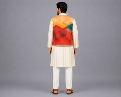 Off White Kurta with Multi color attached Jacket and Pyjama