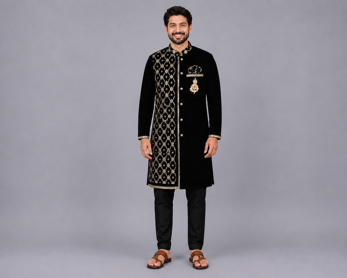 Black Velvet Kurta set with Chanderi panel