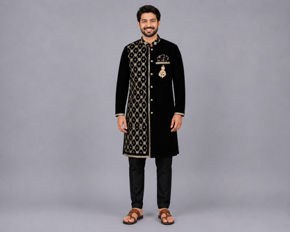 Black Velvet Kurta set with Chanderi panel