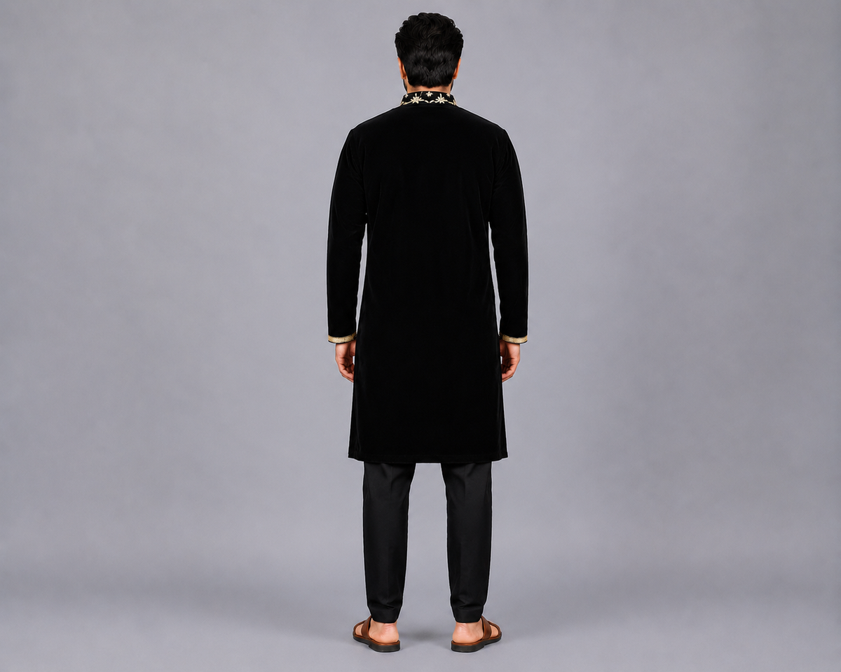 Black Velvet Kurta set with Chanderi panel