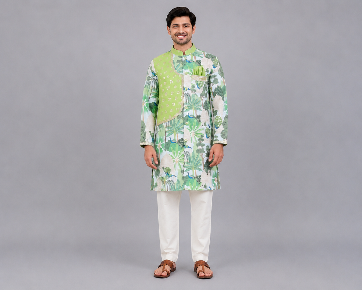 Green jungle printed kurta pyjama with chanderi panels