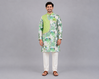 Green jungle printed kurta pyjama with chanderi panels