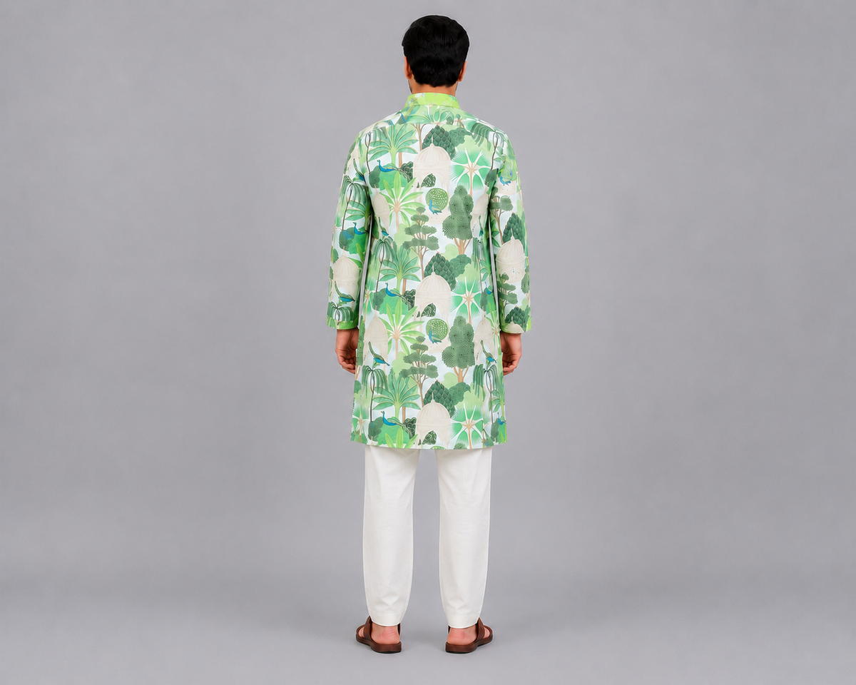 Green jungle printed kurta pyjama with chanderi panels