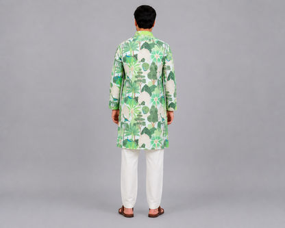 Green jungle printed kurta pyjama with chanderi panels