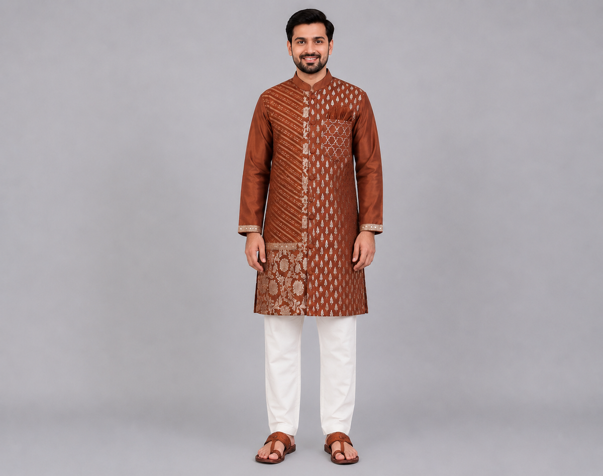 Brown Chanderi Panel kurta Pyjama set