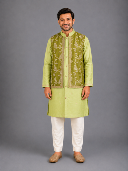 Mint Green Zari Paneled Kurta Pajama