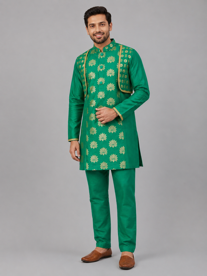 Parrot Green Chanderi Panel Kurta Pyjama set