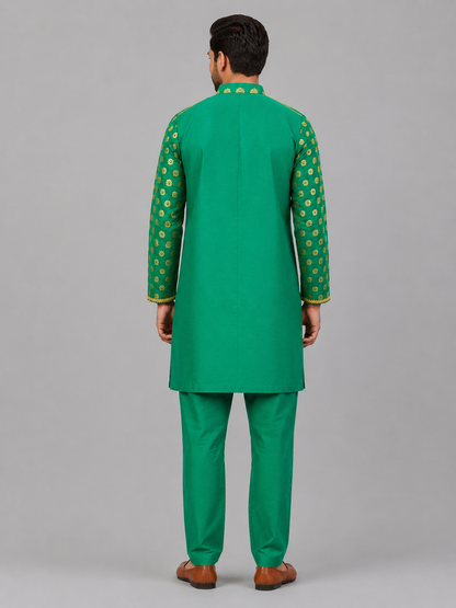 Parrot Green Chanderi Panel Kurta Pyjama set