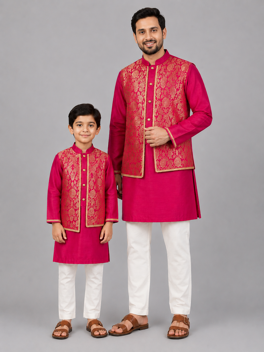 Pink Kurta with Brocade attached Jacket and Pyjama