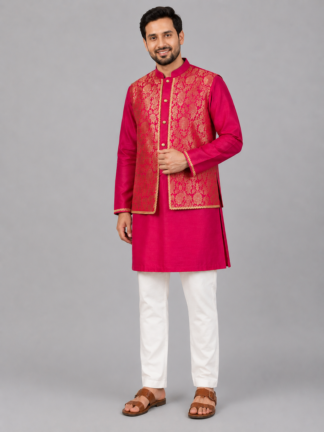 Pink Kurta with Brocade attached Jacket and Pyjama