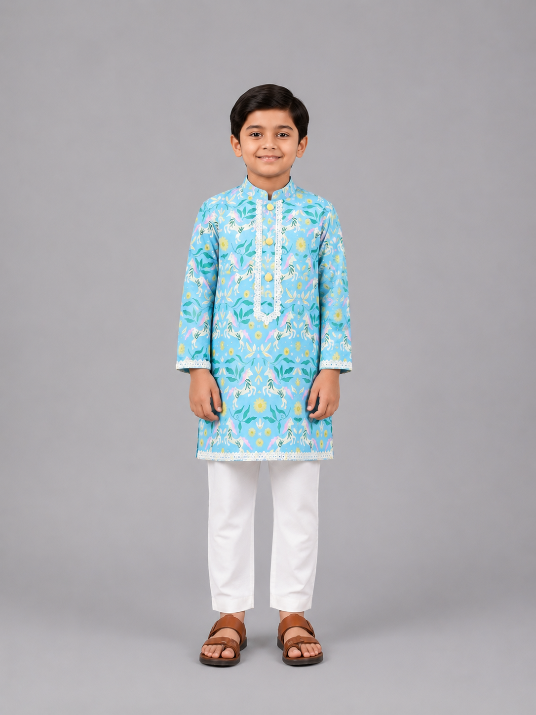 Horse Print Kurta & Off White Pyjama