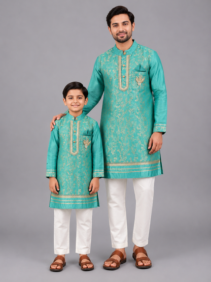 Pastel Green Chanderi Embrodriery Kurta and Off White White Pyjama