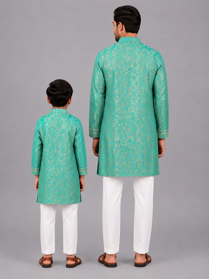 Pastel Green Chanderi Embrodriery Kurta and Off White White Pyjama
