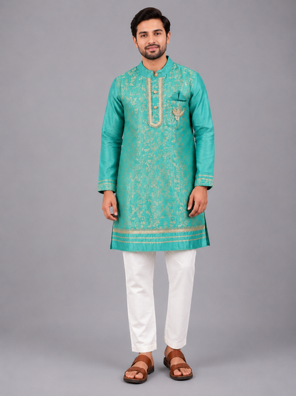 Pastel Green Chanderi Embrodriery Kurta and Off White White Pyjama