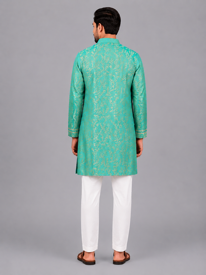 Pastel Green Chanderi Embrodriery Kurta and Off White White Pyjama