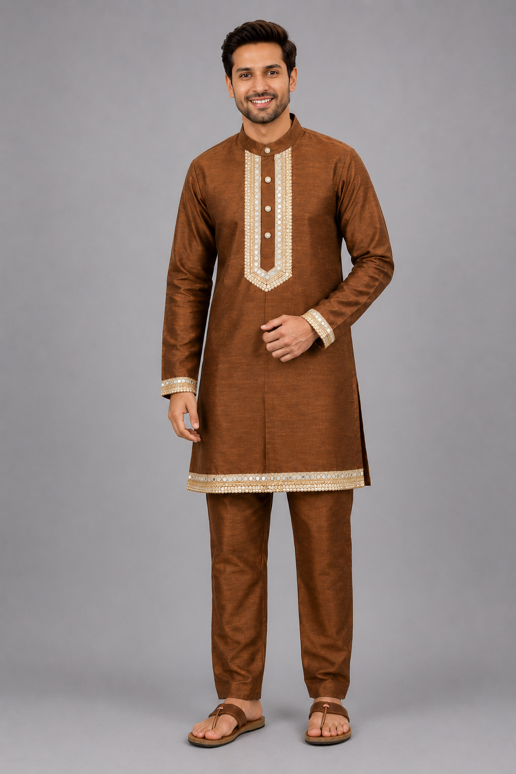 Brown  Embroidered Yolk Kurta And Brown Pyjama