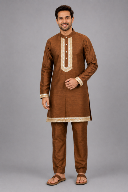 Brown  Embroidered Yolk Kurta And Brown Pyjama