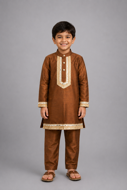 Brown  Embroidered Yolk Kurta And Brown Pyjama