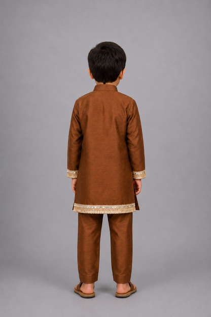 Brown  Embroidered Yolk Kurta And Brown Pyjama