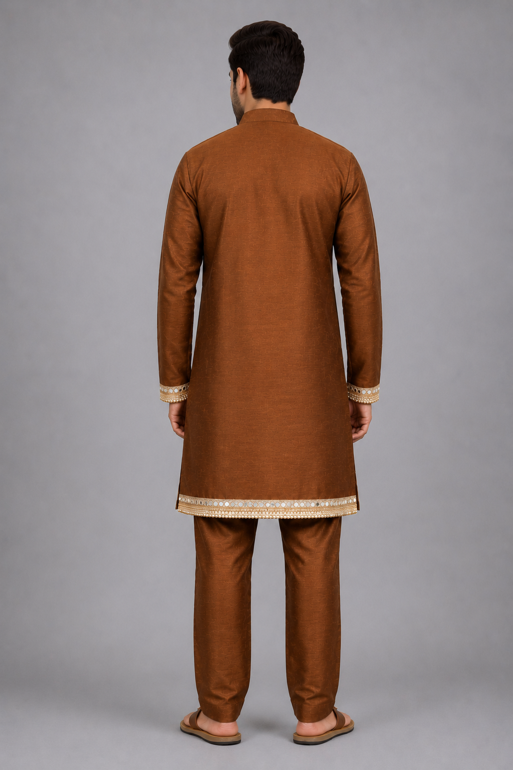 Brown  Embroidered Yolk Kurta And Brown Pyjama