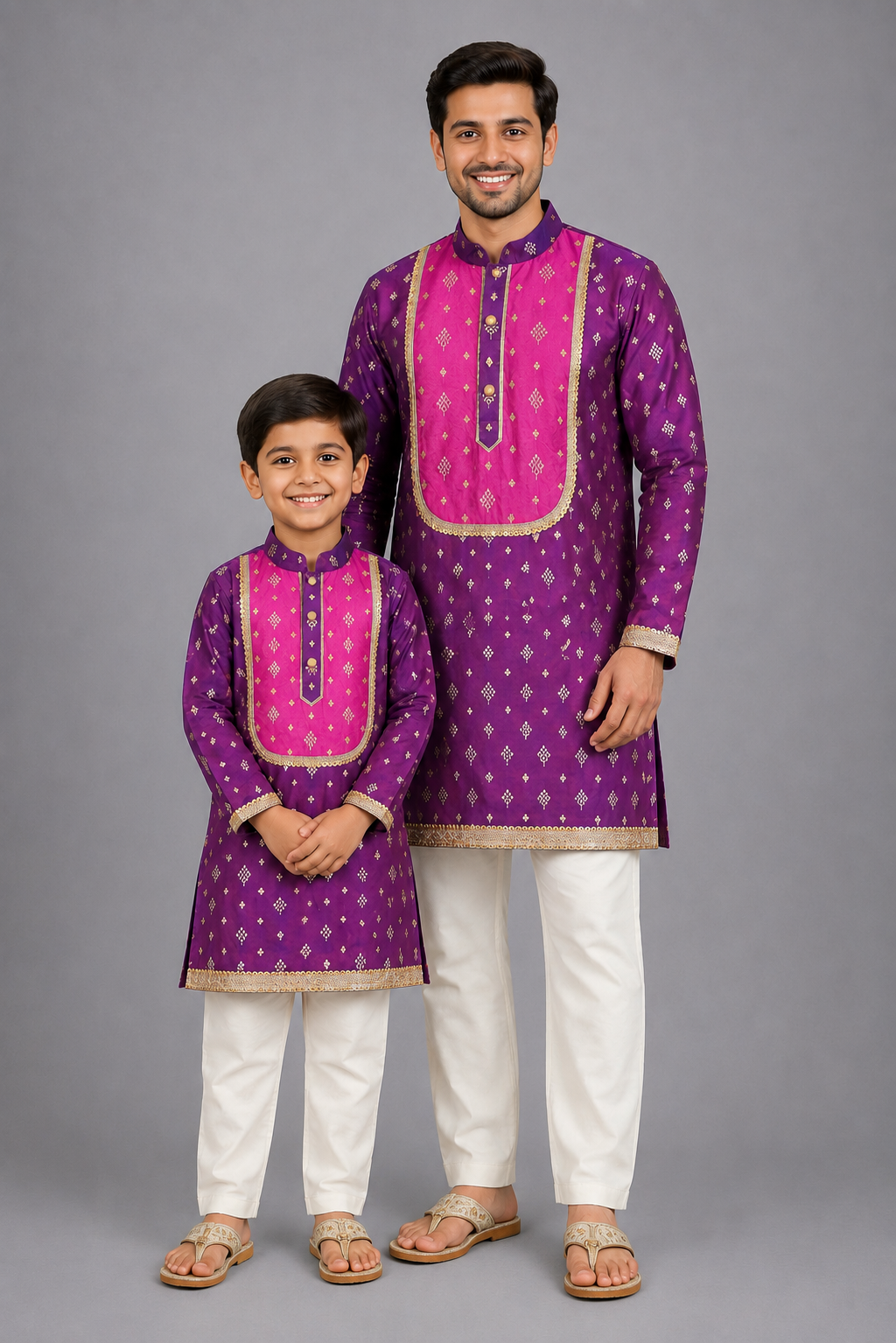 Purple/Pink Woven Silk Kurta Set