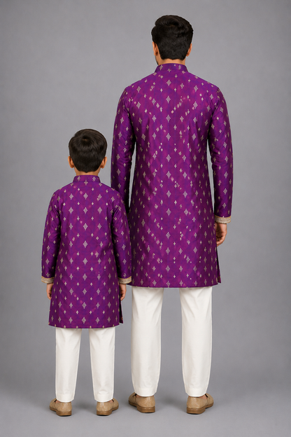 Purple/Pink Woven Silk Kurta Set