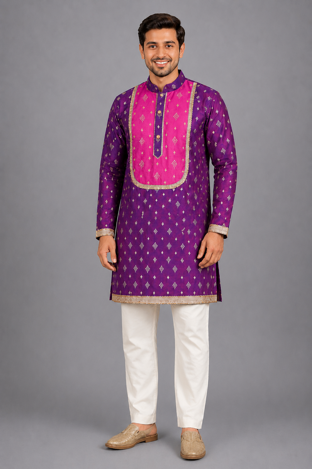 Purple/Pink Woven Silk Kurta Set